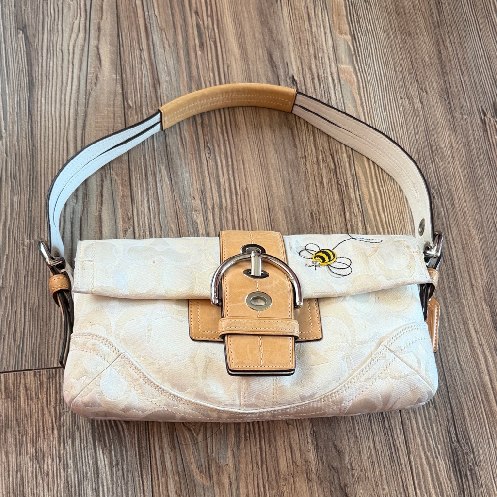 Coach Cream Canvas Shoulder Bag With Tan Trim And Bee Accent